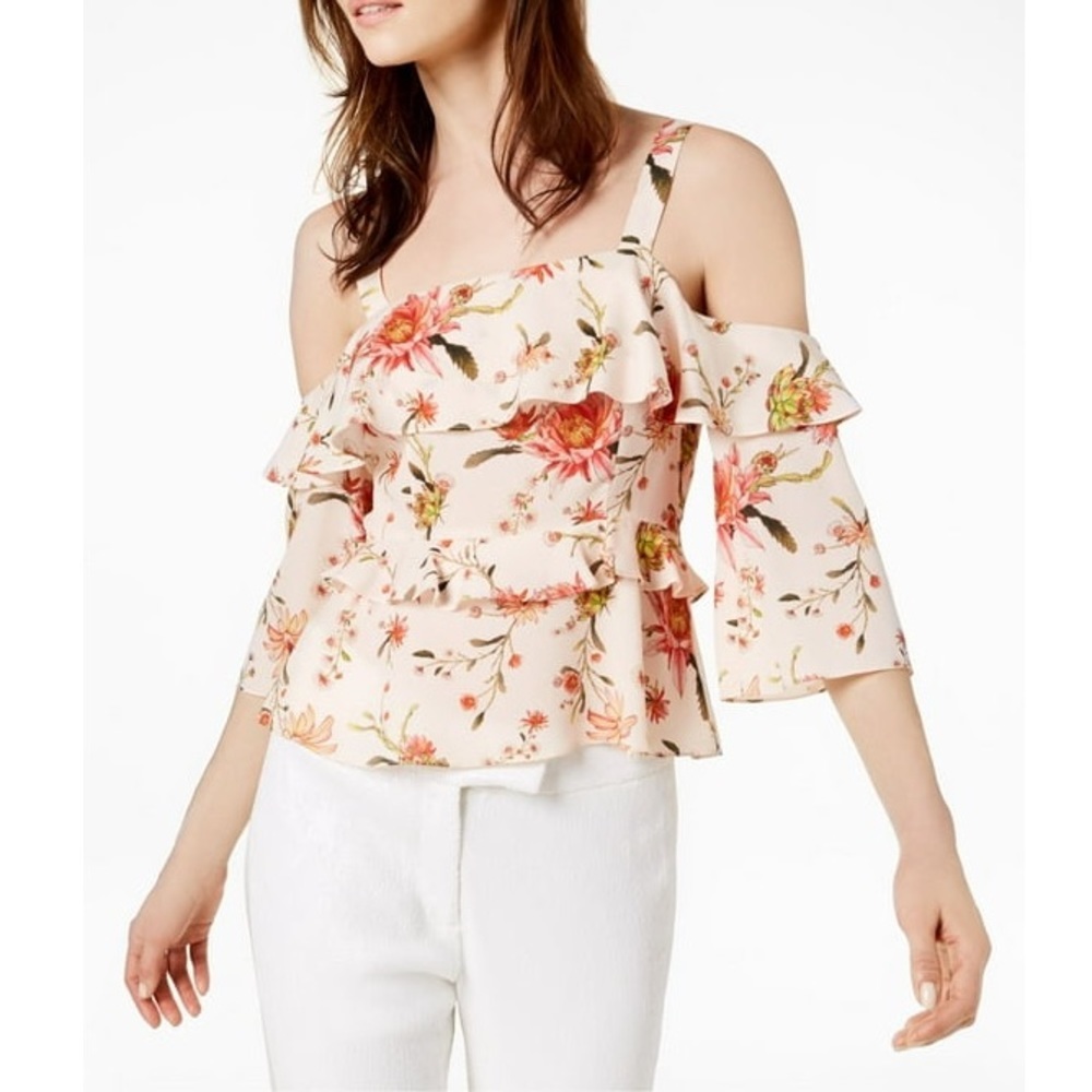 Rachel Zoe Womens Katharina Floral Ruffle Cold Shoulder Blouse - Size 8